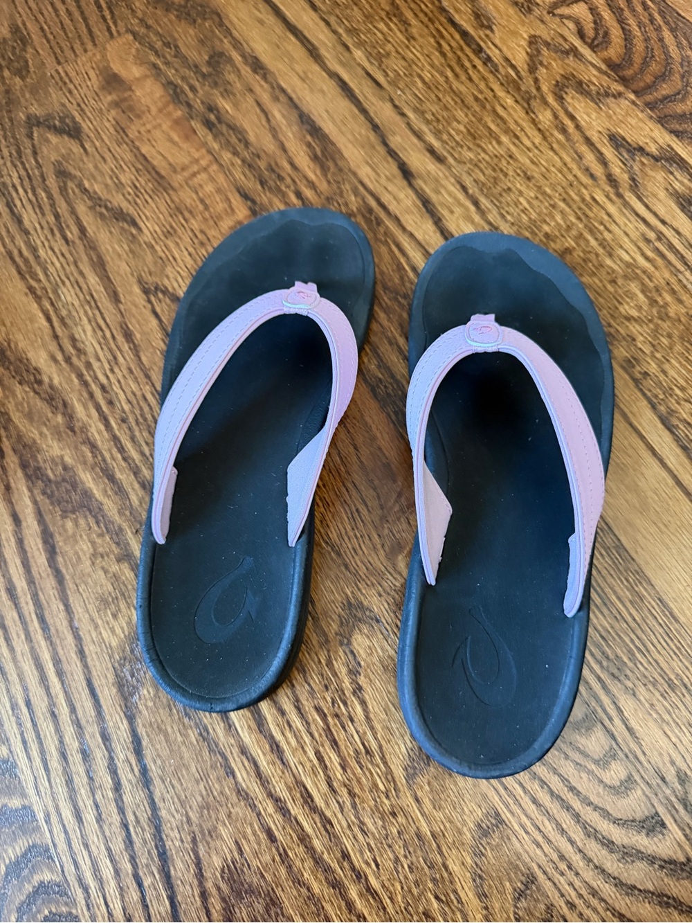 OluKai Black Flip Flops with Light Pink Straps